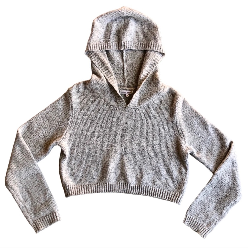 Emory Park sweater with hood. Light gray with black thread details.